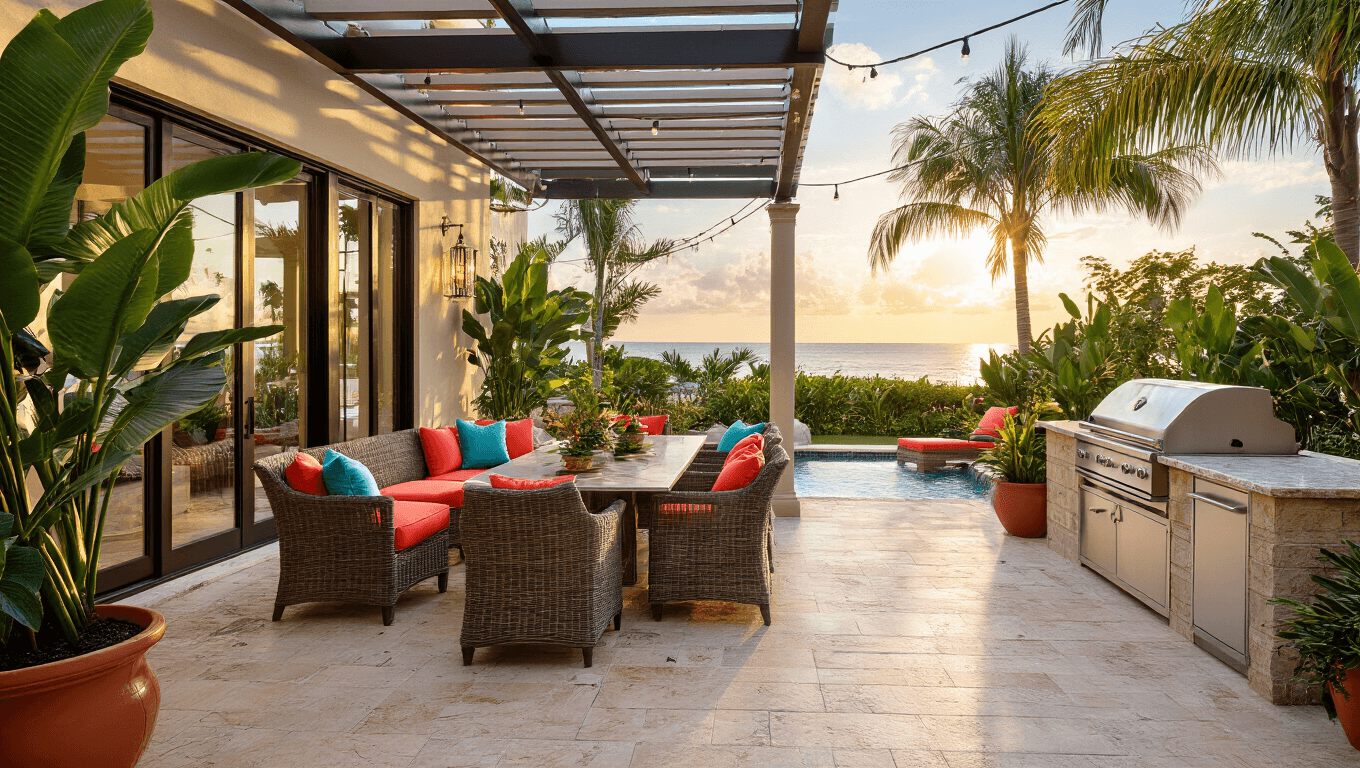Luxurious Florida patio with aluminum furniture, travertine flooring, vibrant tropical plants, and ambient sunset lighting.