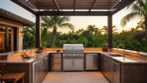Ultra-realistic Florida outdoor kitchen at golden hour, featuring marine-grade stainless steel grill island, warm taupe granite countertops, aluminum cabinetry, and pergola, surrounded by tropical plants and inviting lighting.