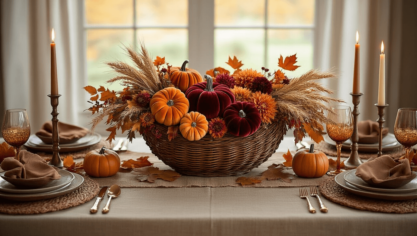 Elegant Thanksgiving dining table with a wicker cornucopia filled with velvet pumpkins, autumn florals, and candles, set in warm earth tones under golden hour lighting.