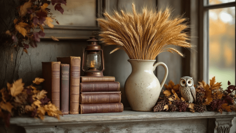 A vintage autumn mantel styled with a weathered ironstone pitcher filled with dried wheat, stacked aged leather books, an antique copper lantern, a bittersweet garland, and a small owl figurine, all on a distressed wood mantelpiece, illuminated by warm golden hour light.