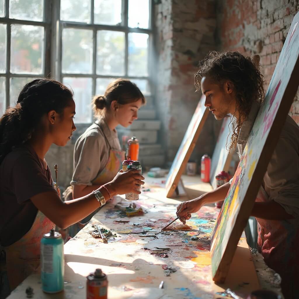 Young diverse students learning spray painting in a dynamic artist workshop at Wynwood creative space, surrounded by art supplies and half-finished canvases against brick walls under natural light.