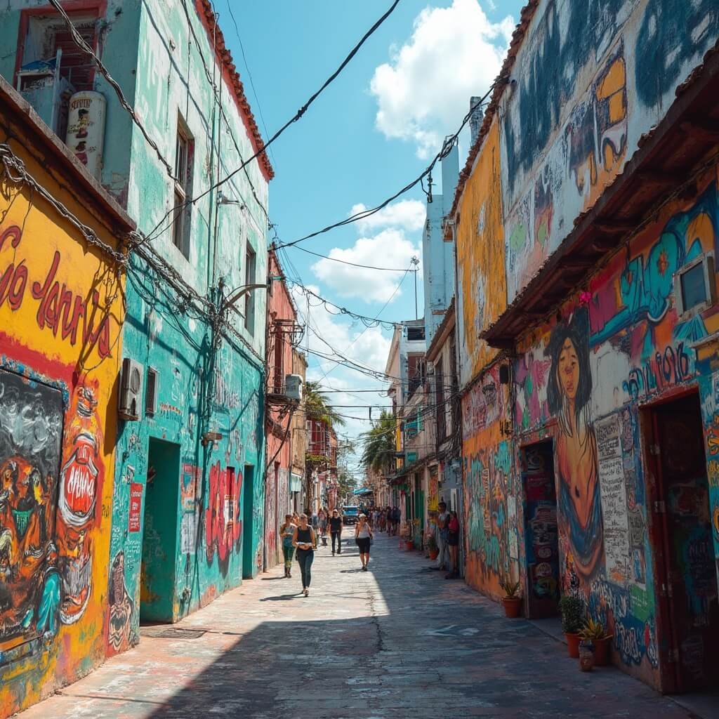 Pedestrians exploring colorful street art murals by international artists on the architectural surfaces of Wynwood neighborhood in Miami