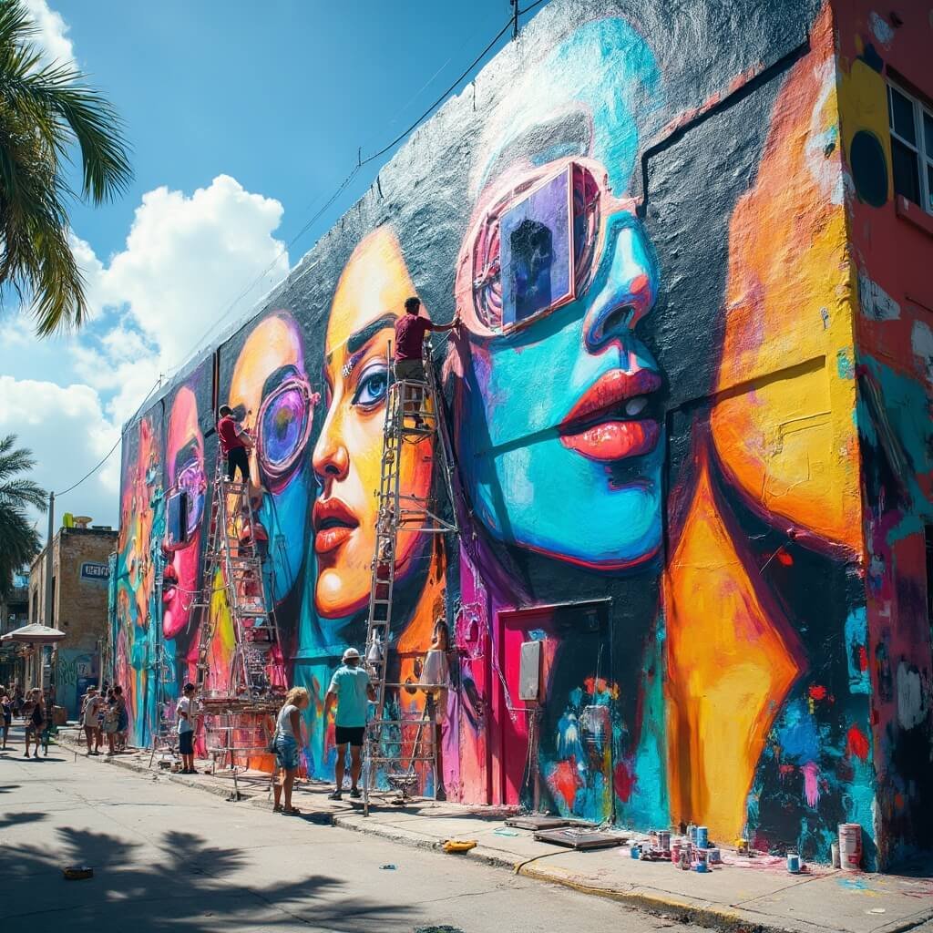 Artists painting a vibrant, geometric mural on a building in Miami's Wynwood district with onlookers admiring the artwork