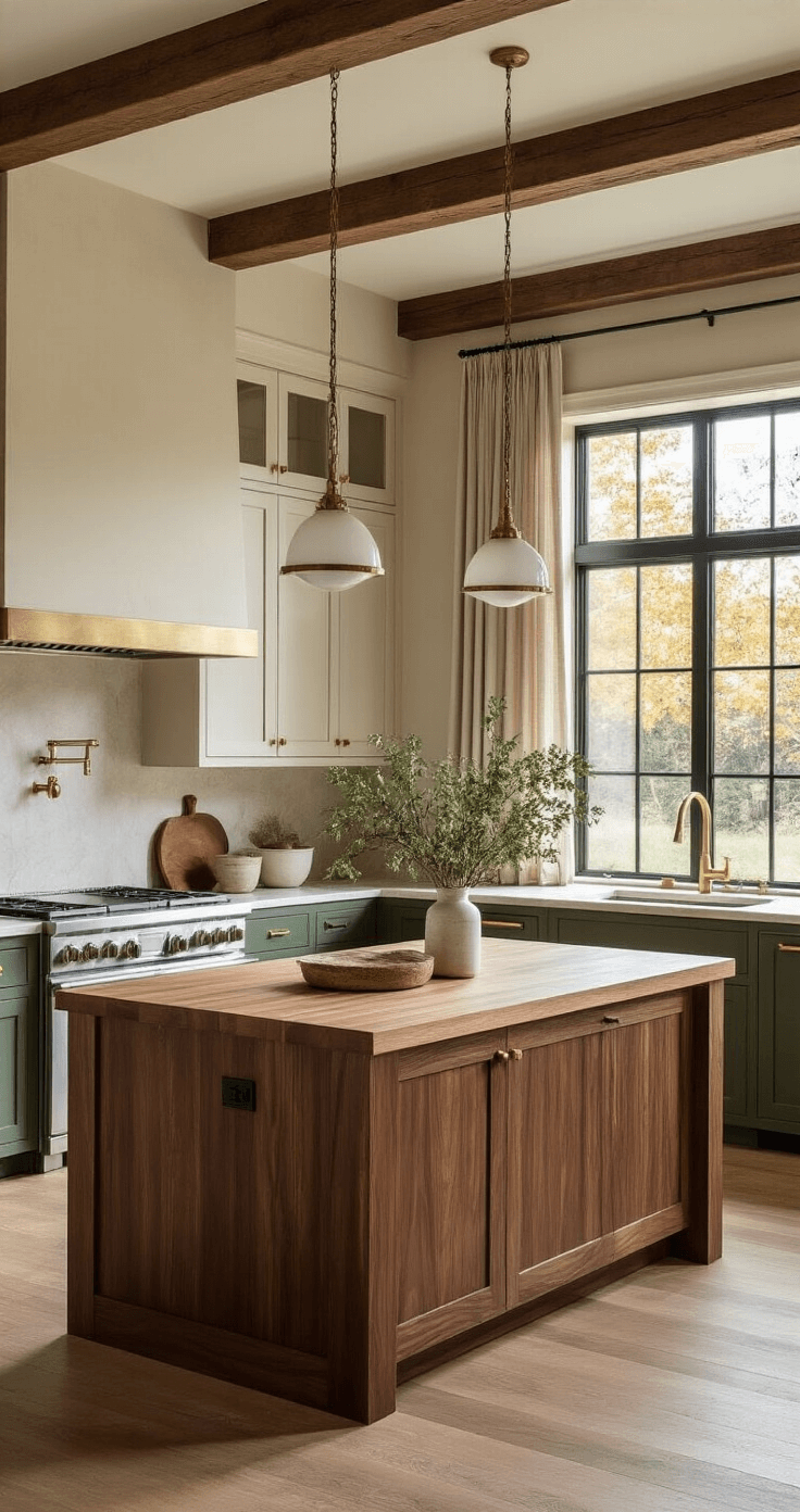 Photorealistic interior of a modern kitchen featuring rich walnut cabinets, a butcher block island, and contrasting forest green lower and cream upper cabinets, illuminated by warm golden hour light streaming through large west-facing windows, with a focus on textured materials and inviting ambiance.