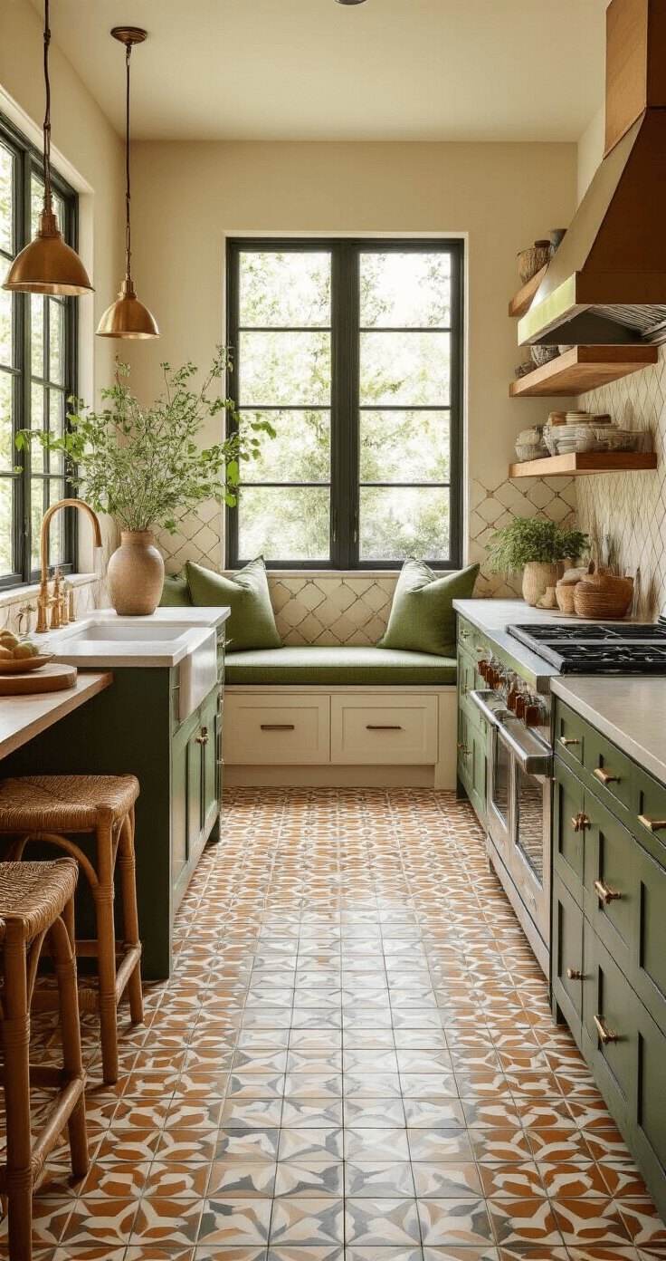 Photorealistic kitchen interior featuring vibrant patterned cement tile flooring, warm cream cabinets, a forest green island, brass accents, and natural light flooding the space, highlighting geometric patterns and a sophisticated bohemian elegance.