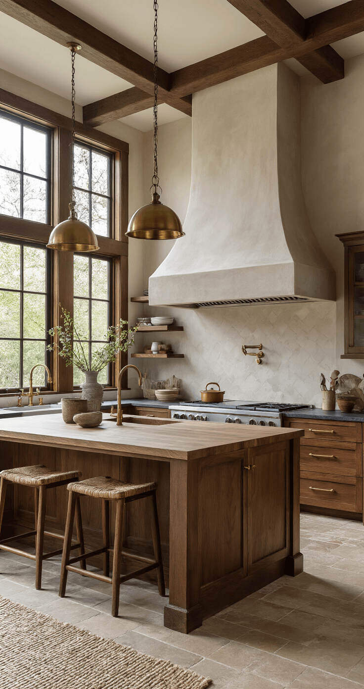 Photorealistic kitchen with a dramatic custom plaster range hood, rich brown oak cabinets, Vermont soapstone countertops, and an oversized butcher block island, illuminated by late afternoon side lighting, showcasing mixed metallics and tumbled limestone flooring.
