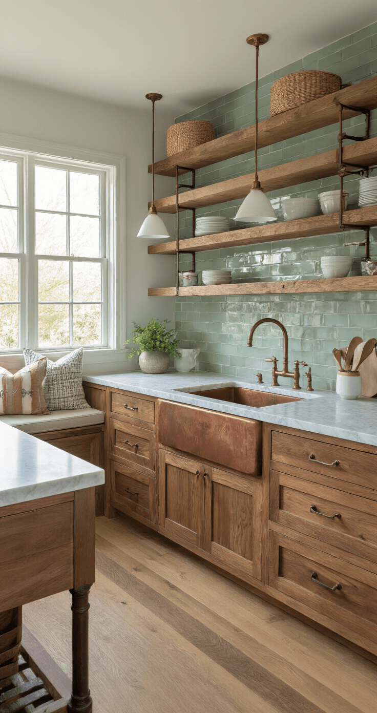 A cozy kitchen interior featuring honed Carrara marble countertops, warm walnut shaker cabinets, and a hammered copper farmhouse sink, illuminated by soft morning light from a north-facing window. The space includes a statement sage green ceramic backsplash, reclaimed wood floating shelves, wide plank white oak flooring, and a compact island with a live-edge walnut top. Woven textures add warmth, and mixed brass and copper hardware enhances the vintage appeal, creating an intimate and sophisticated atmosphere.