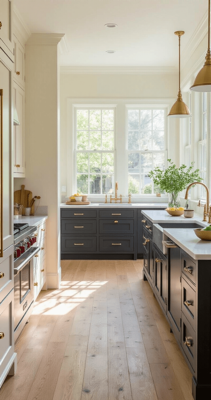 Photorealistic kitchen and scullery space showcasing cream shaker cabinets with brass hardware, dark charcoal gray cabinets, and abundant natural light through clerestory windows, emphasizing functionality and elegance in design.