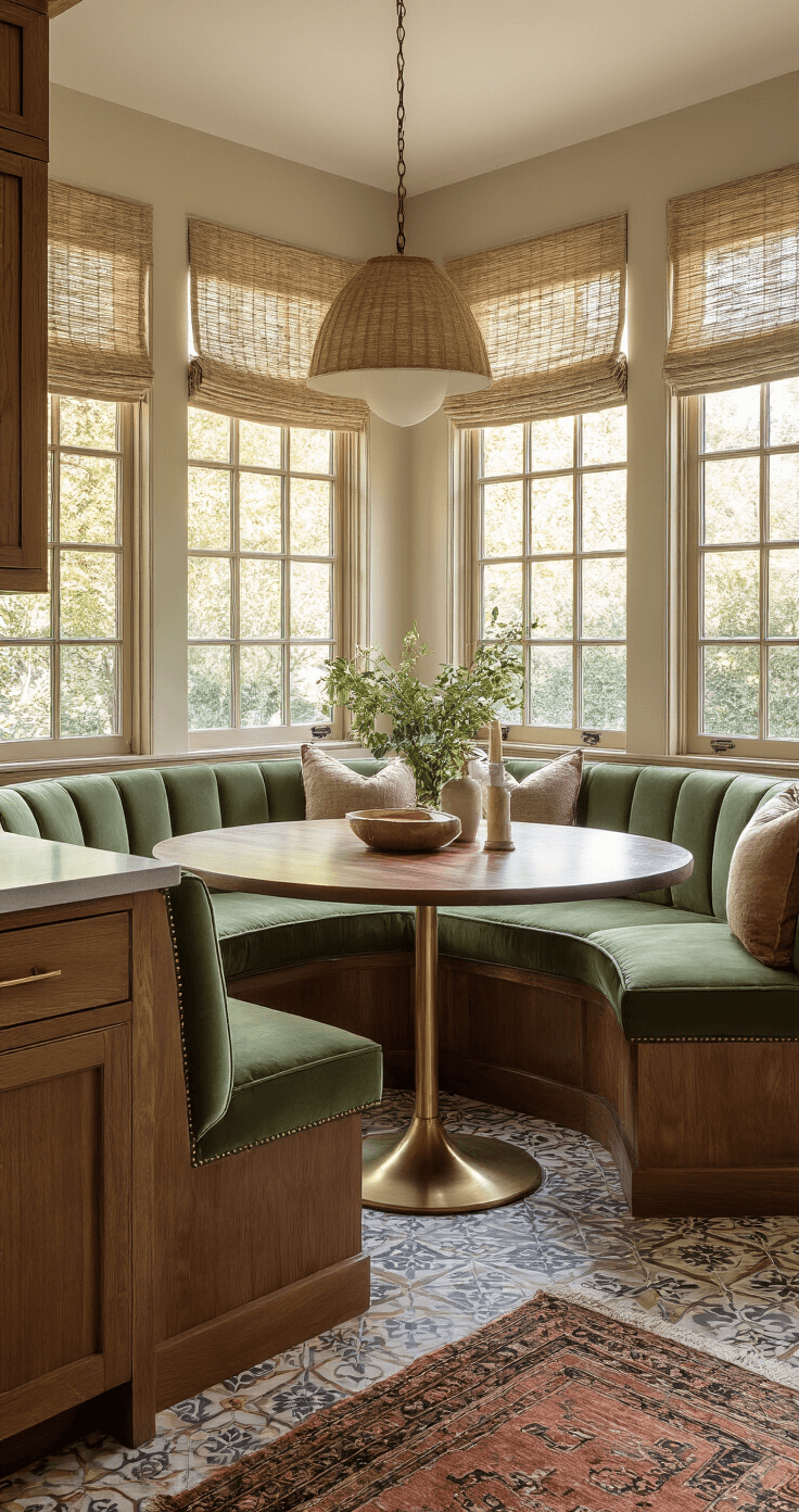 Photorealistic kitchen seating area featuring a curved sage green velvet banquette with brass trim, large windows providing golden hour backlighting, a live-edge walnut table, leather dining chairs, and warm wood cabinets. The space is adorned with woven window treatments, ceramic pendant lights, and a vintage Turkish rug, creating an elegant and intimate atmosphere.