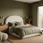 Cinematic bedroom interior featuring smoky olive green walls, a luxurious curved cream linen headboard, natural oak dresser, layered jute and wool rugs, and warm brass sconces, creating an inviting, cozy atmosphere with rich textures and a warm earth tone palette.