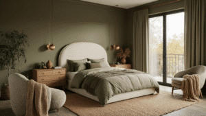 Cinematic bedroom interior featuring smoky olive green walls, a luxurious curved cream linen headboard, natural oak dresser, layered jute and wool rugs, and warm brass sconces, creating an inviting, cozy atmosphere with rich textures and a warm earth tone palette.