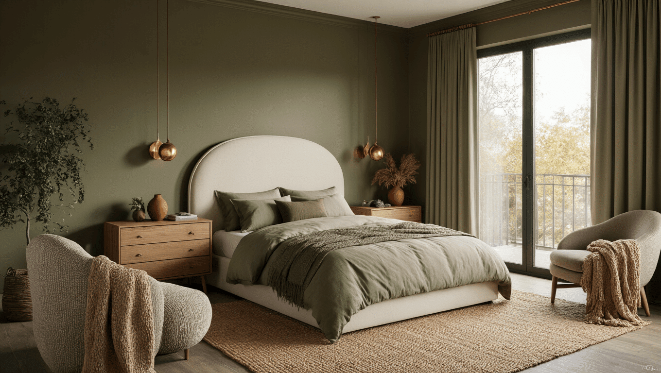 Cinematic bedroom interior featuring smoky olive green walls, a luxurious curved cream linen headboard, natural oak dresser, layered jute and wool rugs, and warm brass sconces, creating an inviting, cozy atmosphere with rich textures and a warm earth tone palette.