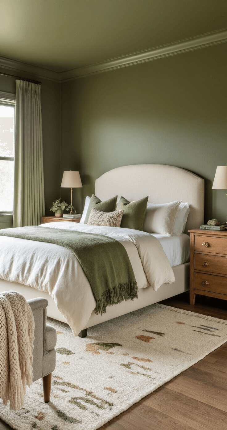 A cozy bedroom in deep smoky olive green, featuring a curved cream linen headboard, natural oak dresser, layered rugs, a chunky knit throw on a curved chair, and floor-length sage green curtains, all captured during golden hour.