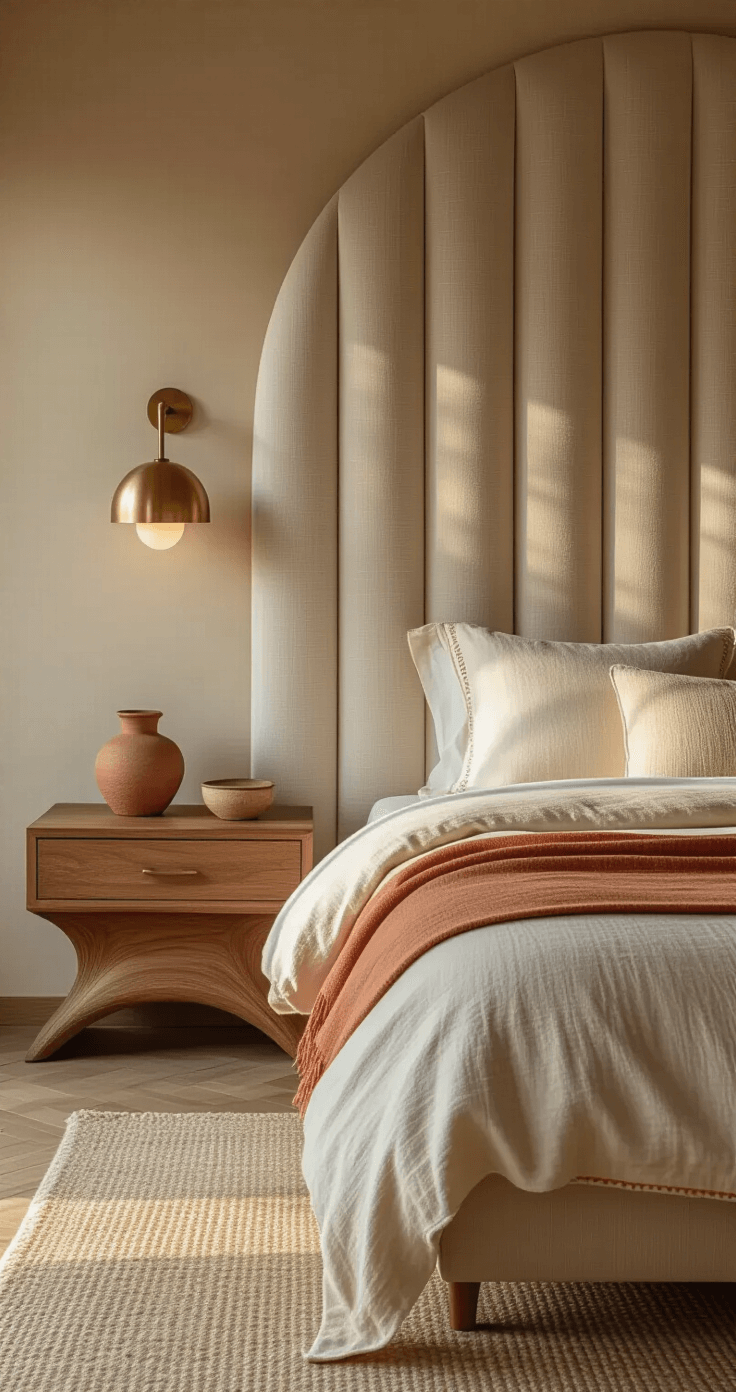 An intimate bedroom corner bathed in warm afternoon light, featuring upholstered wall panels, a curved headboard, brass sconces, and a textured linen duvet, with a low camera angle emphasizing cozy materials and a cocoon-like atmosphere.