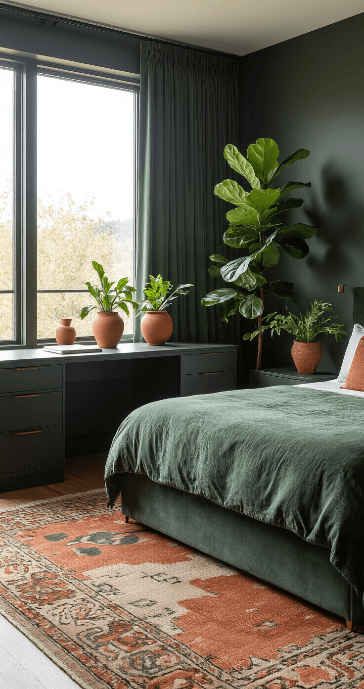 A sophisticated bedroom workspace with a fold-away desk behind deep charcoal sliding panels, separated by a tall fiddle leaf fig plant. An illustrated rug in muted earth tones anchors the space, while large windows with built-in planters and velvet emerald curtains allow diffused natural light. The color palette features warm charcoal walls, terracotta accents, and sage green textiles.