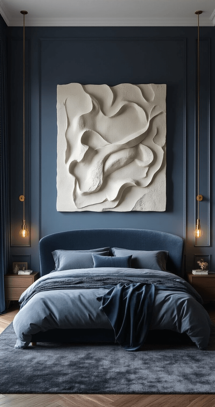 A moody bedroom featuring a dramatic oversized abstract plaster relief artwork above a curved bed frame, with deep blue-gray walls and luxurious midnight blue velvet drapery. The low-angle shot captures layered lighting highlighting textures, a rich charcoal wool rug anchoring the space, and shadows from the artwork and fixtures.