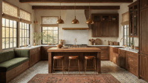 Photorealistic kitchen with walnut cabinets, butcher block island, brass accents, patterned cement tiles, and marble countertops, illuminated by golden hour light through large windows.