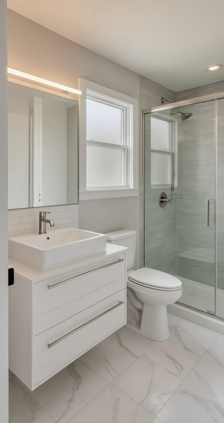 A spacious guest bathroom featuring a white floating vanity, wall-mounted toilet, and frameless glass shower, illuminated by golden hour light through a frosted window, with polished marble-look tiles and brushed nickel fixtures.