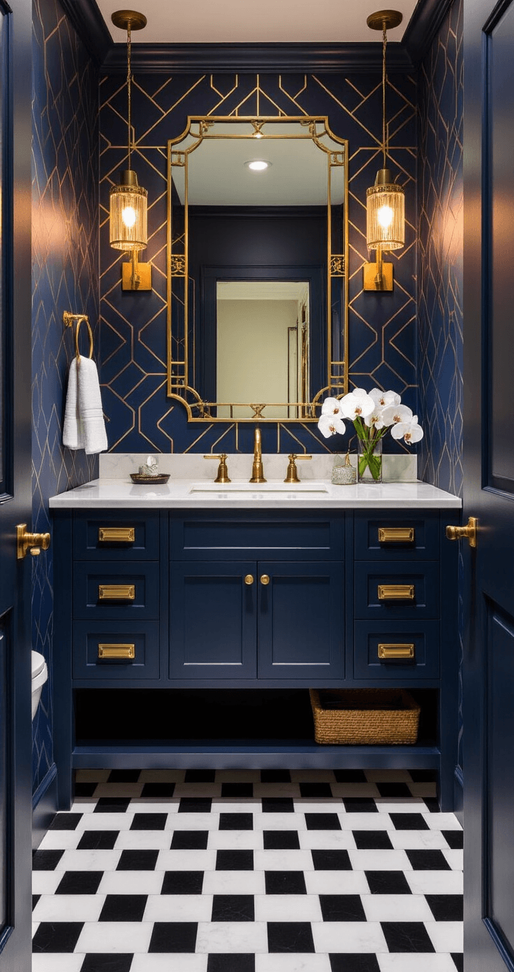 A luxury guest bathroom with deep navy geometric wallpaper, a floating vanity with gold fixtures, black and white checkerboard herringbone floor tiles, and an Art Deco mirror, all illuminated by warm artificial lighting and featuring a crystal vase with white orchids.