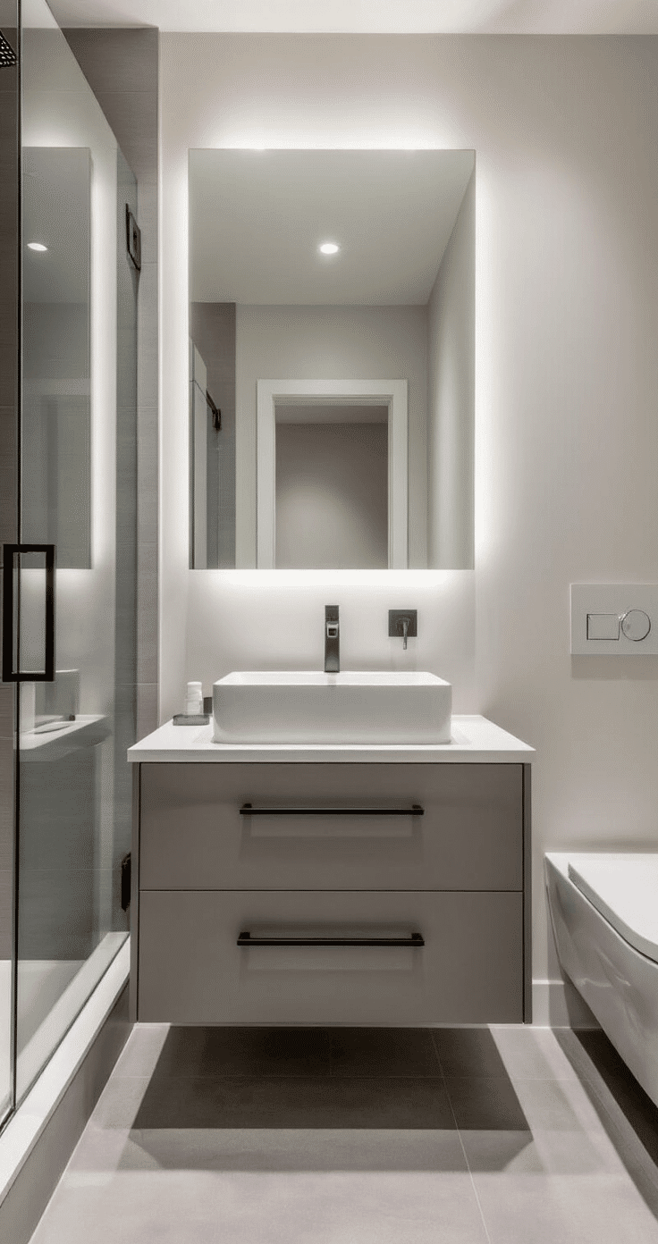 Bright modern guest bathroom with sleek gray floating vanity, rectangular vessel sink, frameless ceiling-height mirror, wall-mounted toilet, and glass shower enclosure, captured in natural light, showcasing minimalist design and sophisticated materials.