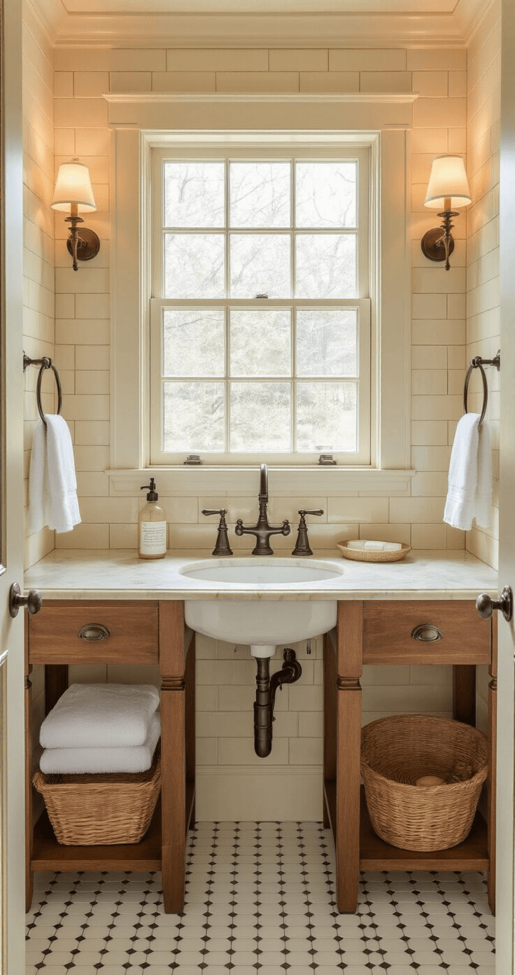 A cozy traditional guest bathroom featuring a pedestal sink with a vintage brass faucet, cream subway tiles, hexagonal floor tiles, and warm afternoon light filtering through a textured glass window.