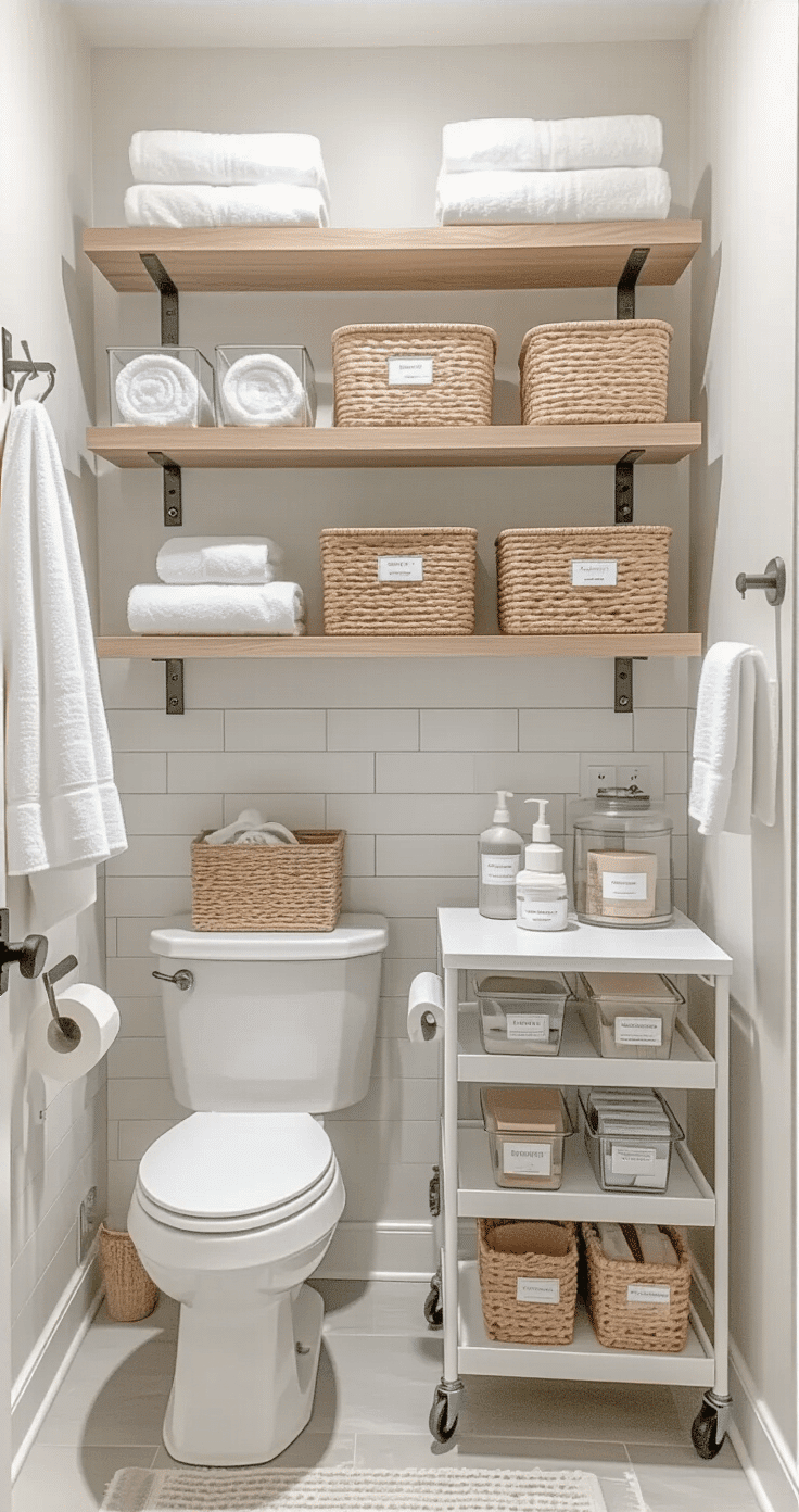 A well-organized guest bathroom showcasing vertical storage solutions with floating white oak shelves, a slim rolling cart, and wall-mounted hooks, all illuminated by bright daylight.