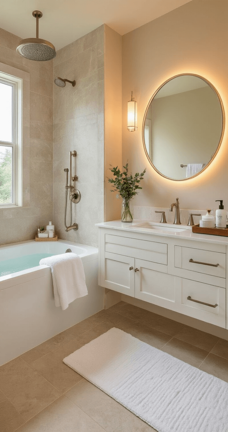 A luxurious transitional guest bathroom bathed in warm golden hour light, featuring a rainfall showerhead, a heated towel rack with thick white towels, a contemporary floating vanity, marble-look tiles, and thoughtful spa amenities, all contributing to a sophisticated and welcoming ambiance.