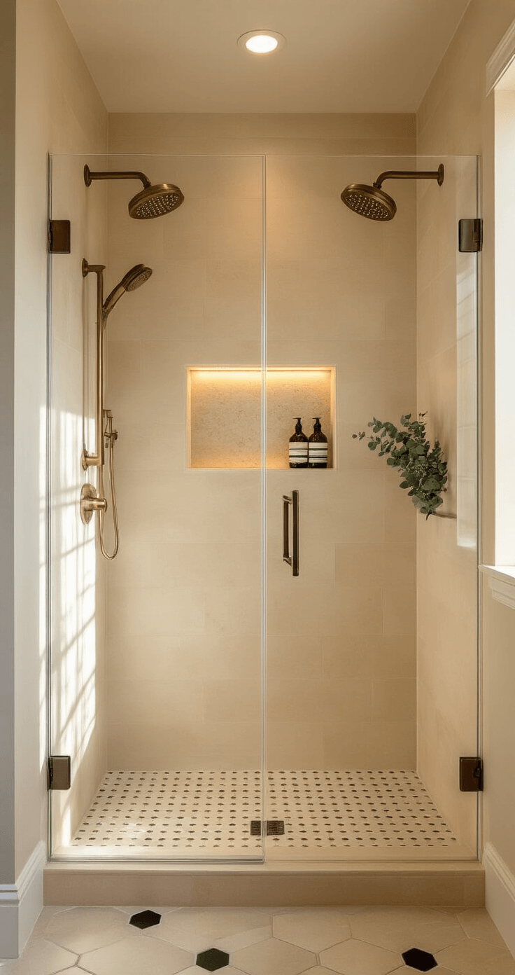A luxurious walk-in shower at golden hour, featuring dual brushed brass showerheads, warm cream porcelain walls, a built-in stone niche with elegant glass bottles and a eucalyptus plant, large format soft limestone tiles, hexagonal black-and-white floor tiles, and natural light streaming through a frosted window, emphasizing the spa-like atmosphere.