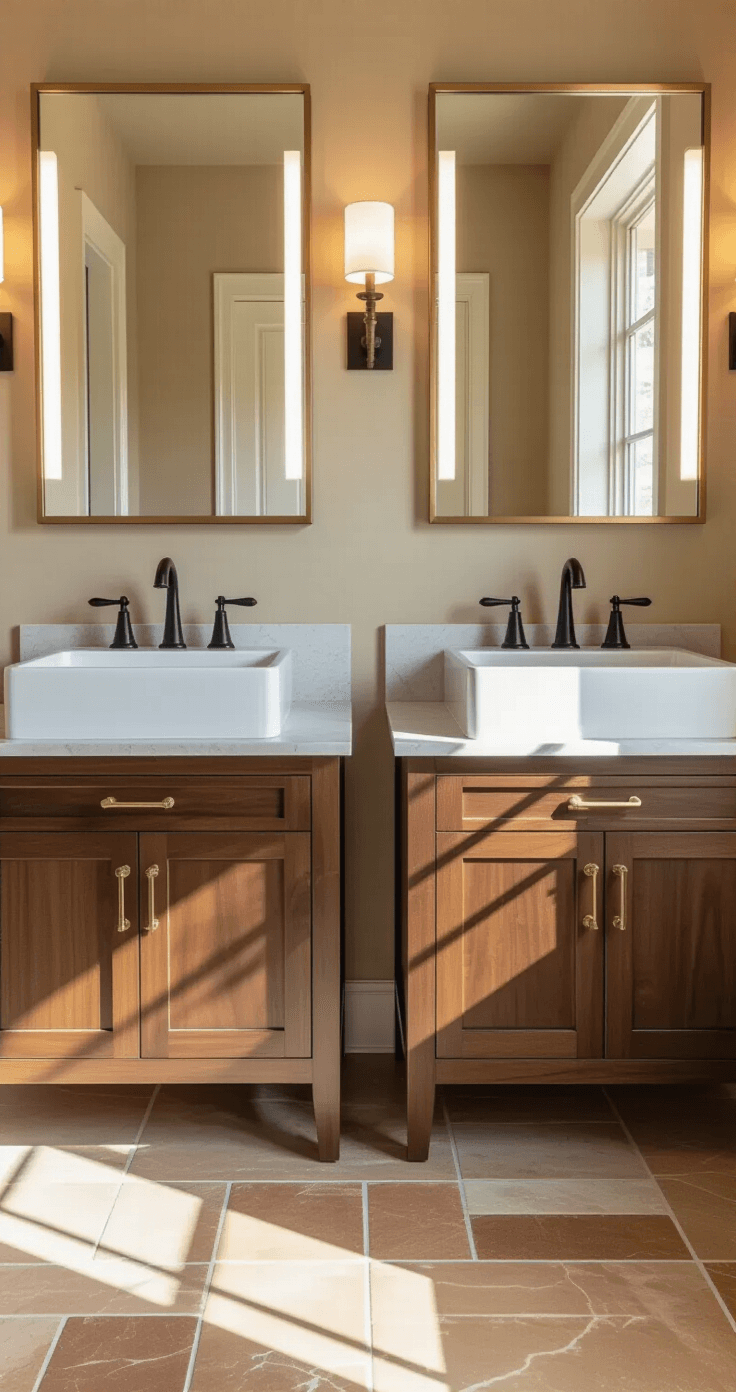 A spacious bathroom featuring two symmetrical walnut wood-look porcelain floating vanities with undermounted sinks, set against Universal Khaki walls and terracotta-toned floor tiles, illuminated by warm afternoon light and vintage-inspired sconces.