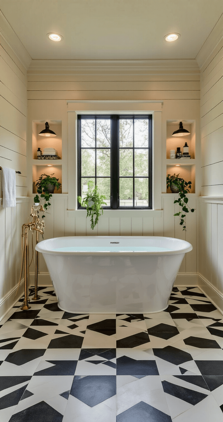 An elegant bathroom featuring a black-and-white checkerboard floor, a freestanding white porcelain soaking tub, vintage brass fixtures, and warm ivory shiplap walls, photographed during blue hour with layered ambient lighting.