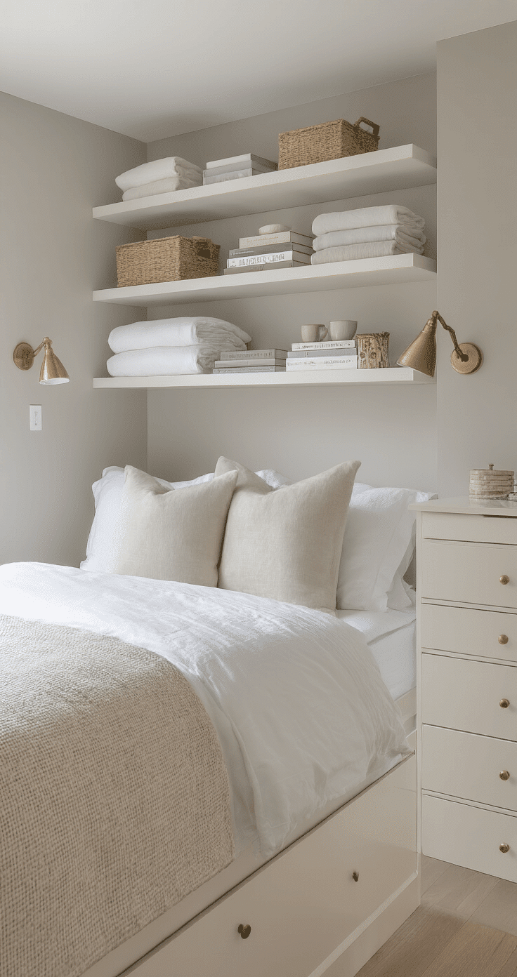 Cozy small bedroom with light grey walls, featuring floor-to-ceiling white floating shelves, under-bed rolling storage, brass reading sconces, pale pine tall chest, and cream bedding, all captured in soft afternoon lighting.