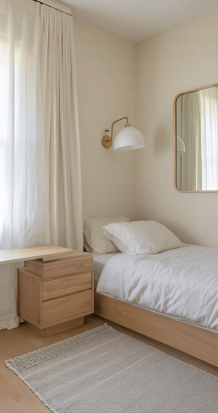 A small, sophisticated bedroom with warm off-white walls, a low light oak platform bed, a substantial bedside table, a fold-down white wall-mounted desk, large sheer ivory curtains, a statement mirror, and a soft grey area rug, photographed from the doorway during golden hour.