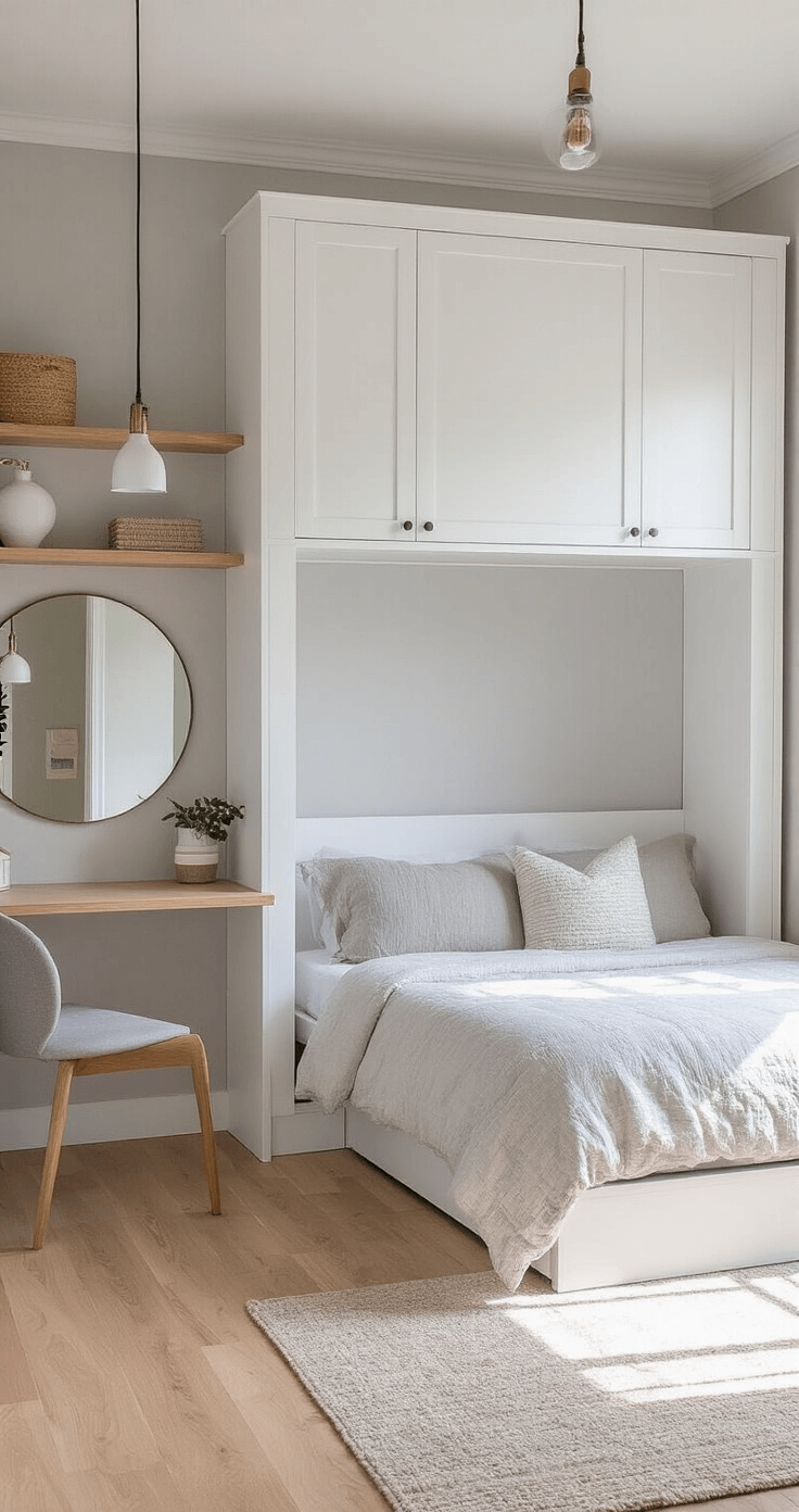 A modern tiny bedroom featuring a white Murphy bed that folds up to reveal a compact home office, with pale grey walls, asymmetrical floating shelves, a large circular mirror, light bamboo flooring, and adjustable wall-mounted pendant lights, captured from a corner angle in bright midday light.