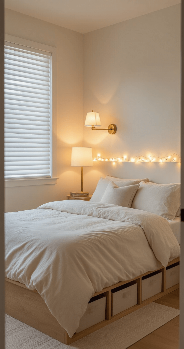 A cozy small bedroom at twilight, featuring warm white walls and layered lighting from brass sconces, string lights, and a table lamp, highlighting a low platform bed with cream linens and discreet under-bed storage.