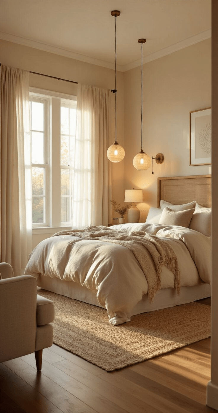 Cozy master bedroom at golden hour featuring cream walls, hardwood floors, warm layered lighting from pendant lights and sconces, soft linen bed, reading chair with a textured floor lamp, string lights on the headboard, and dimmable table lamps, all illuminated by natural sunset through sheer curtains.