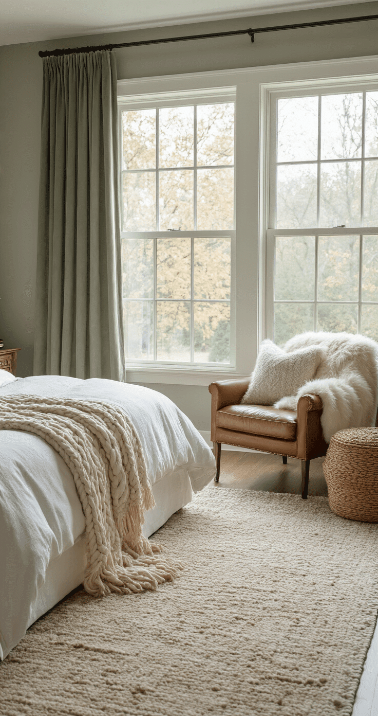 A cozy bedroom retreat with dove gray walls, a king bed layered with white sheets, an oatmeal cable-knit throw, cream faux fur pillows, and a vintage quilt, accompanied by a leather reading chair draped with a Sherpa blanket, woven jute baskets, and a rattan side table, all enveloped in soft morning light from large windows framed by sage green velvet curtains.