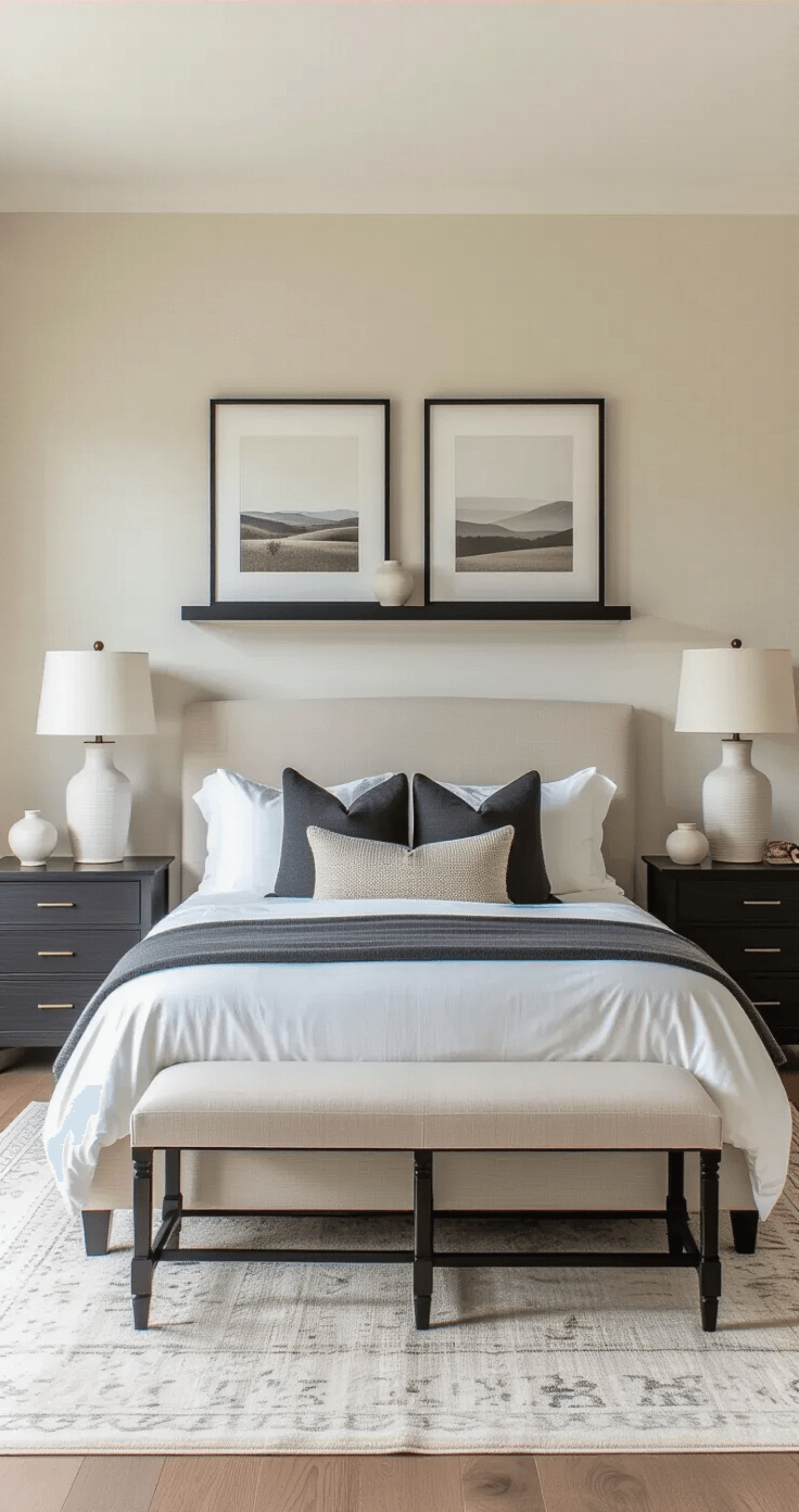Professional interior photograph of a serene neutral bedroom featuring beige walls, white oak flooring, and an upholstered bed in warm white linen with charcoal gray throw pillows, complemented by black picture frames and dark walnut nightstands, all illuminated by soft afternoon light through a north-facing window.