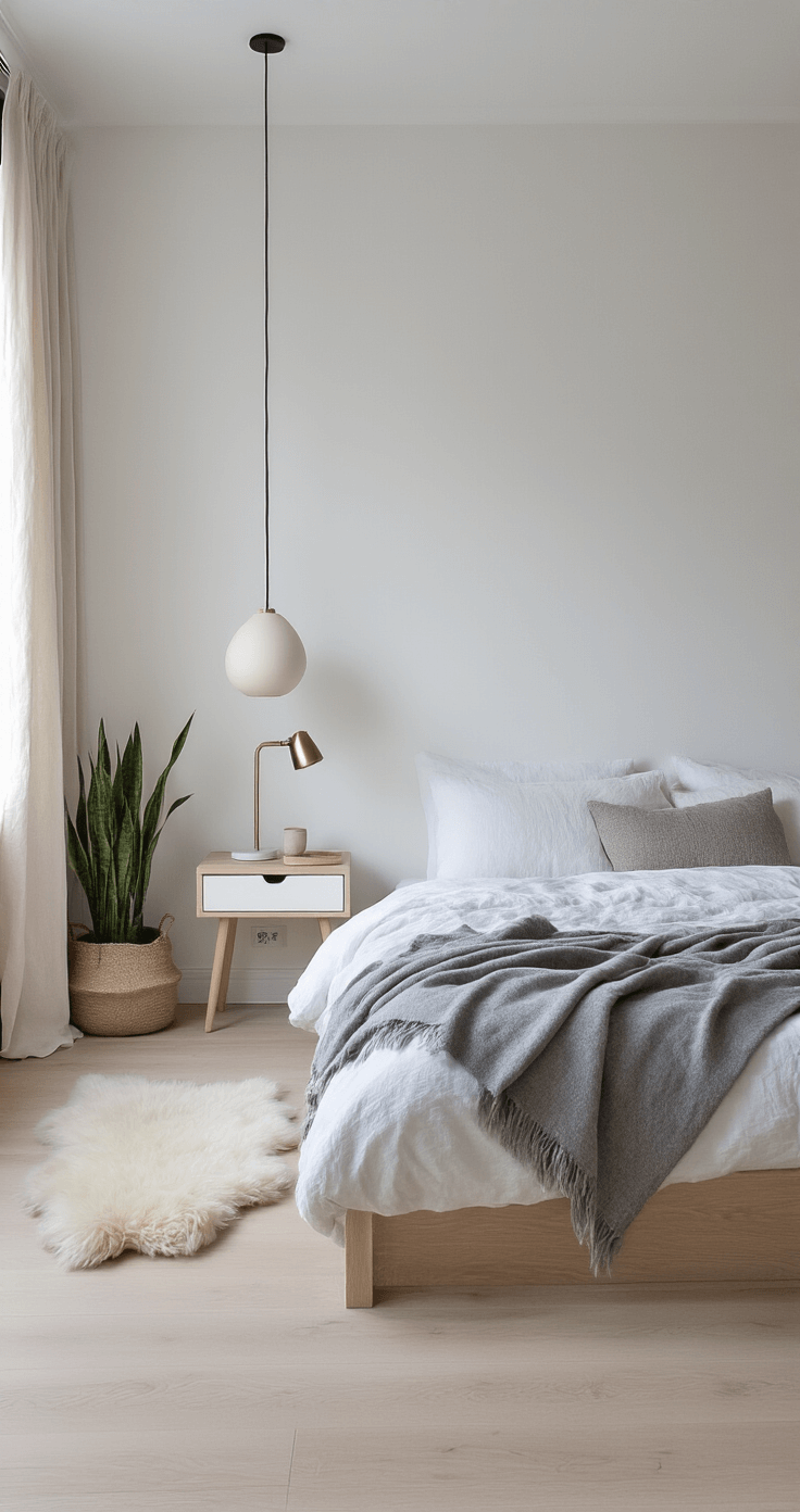 Professional interior photograph of a cozy Scandinavian-inspired bedroom at twilight, featuring a platform bed with white bedding, gray wool throw, and light blonde oak floors, accented by hygge elements like a sheepskin rug, ceramic pendant light, and a potted snake plant, all illuminated by warm interior lighting and cool evening light.