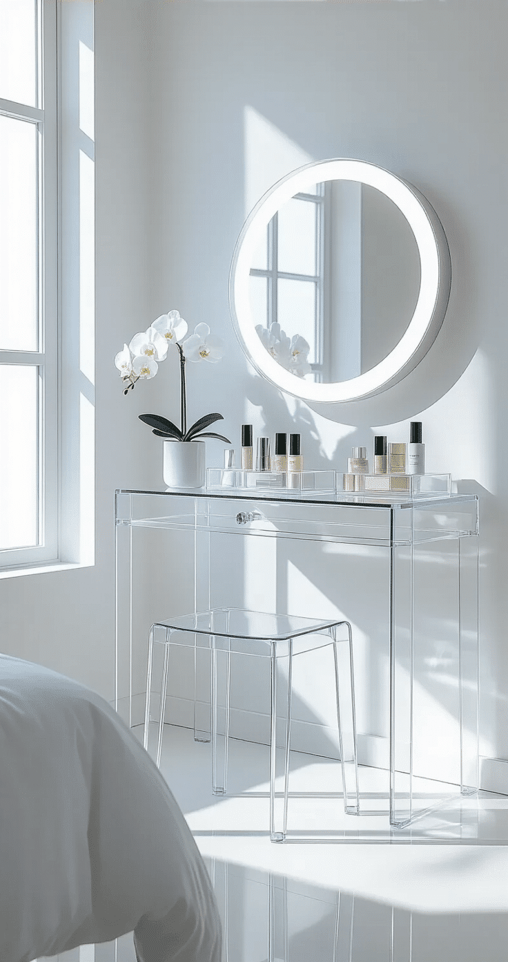 A modern minimalist vanity scene featuring a clear acrylic table and stool, positioned against a white wall, illuminated by morning sunlight. A circular LED mirror and geometric acrylic makeup organizers showcase skincare and cosmetics, while a white orchid adds a touch of nature. The bright, airy atmosphere emphasizes the transparent furniture and clean design.
