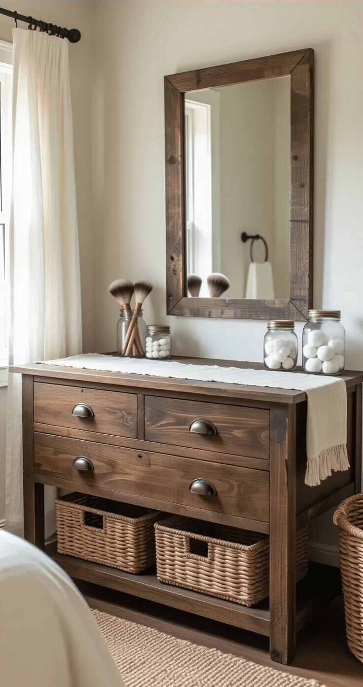 A rustic farmhouse vanity setup featuring a dark walnut dresser with distressed finish, aged bronze drawer pulls, and a rectangular weathered wood mirror, illuminated by soft morning light through white linen curtains, adorned with a linen table runner, mason jars with makeup brushes, and vintage apothecary jars, complemented by woven baskets for storage.