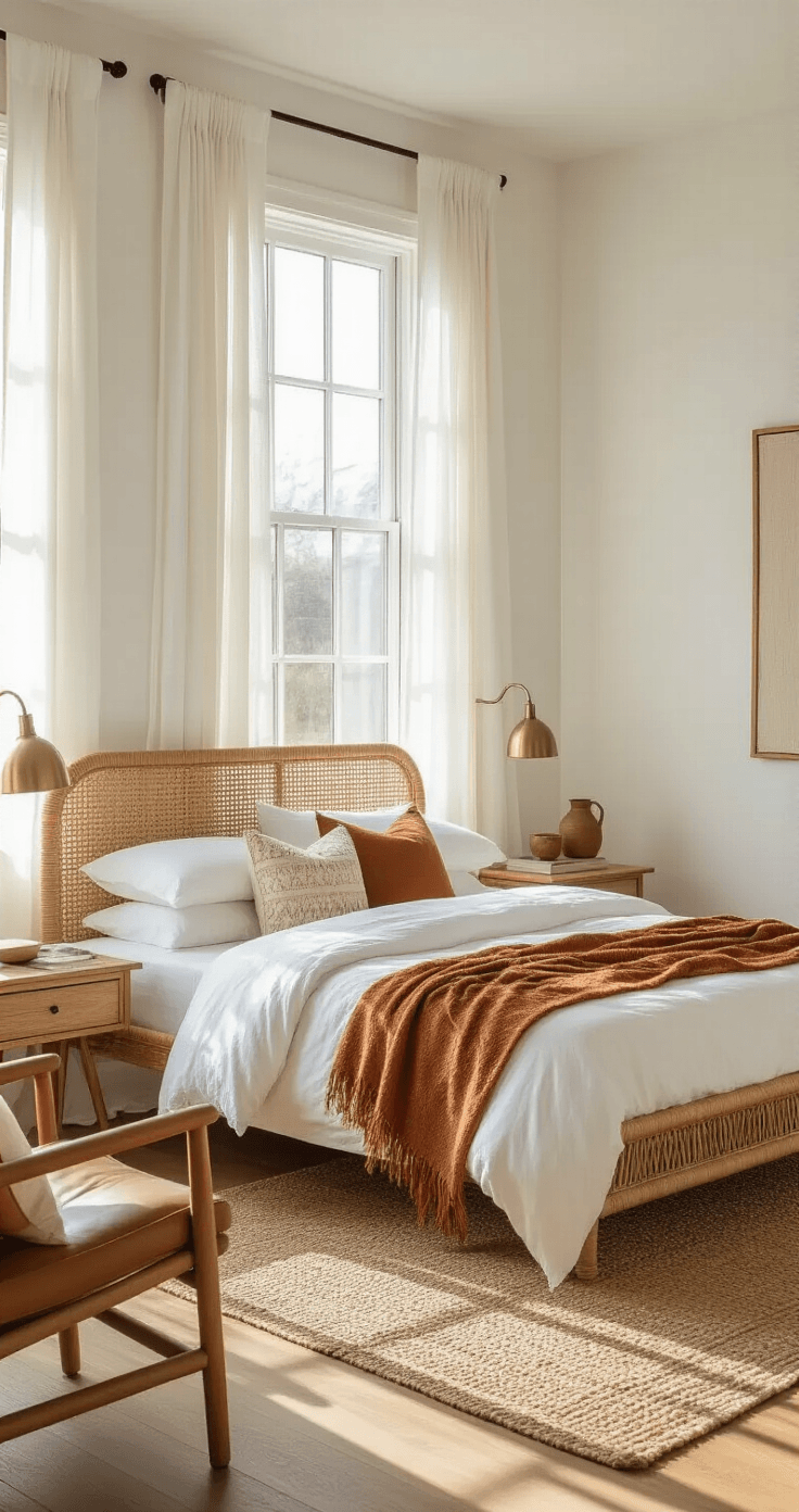 Sophisticated boho guest bedroom featuring honey-colored hardwood floors and white walls, illuminated by golden hour sunlight through tall windows with sheer curtains, showcasing a light rattan bed with white linen bedding, textured terracotta throw blanket, geometric pillows, woven jute rug, and a camel leather reading chair, creating a serene boutique hotel atmosphere.