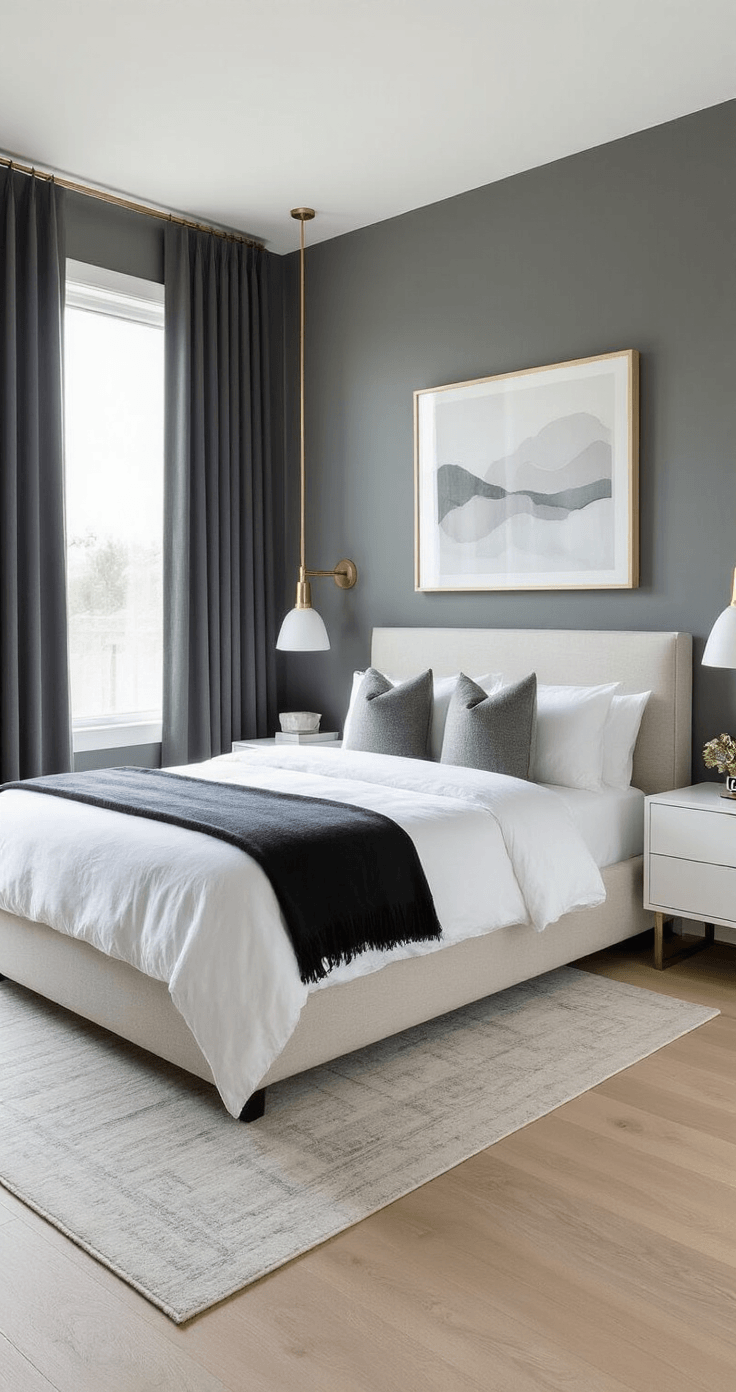 A sleek minimalist guest bedroom with white oak floors and a dove gray accent wall, featuring a charcoal linen upholstered platform bed, crisp white bedding, and floor-to-ceiling charcoal drapes allowing soft morning light. The room includes matching white lacquer floating nightstands with brushed brass sconces and geometric ceramic lamps, along with a modern desk chair and sleek vanity table, all contributing to a clean and calming hotel-like atmosphere.