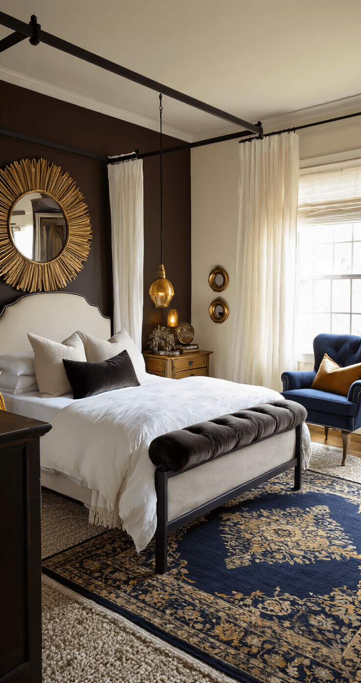 Dramatic guest bedroom with dark chocolate accent wall and cream side walls, featuring a black metal canopy bed with white linens, warm amber lighting from vintage nightstands, and layered textures including a Persian-inspired rug and navy reading chair.
