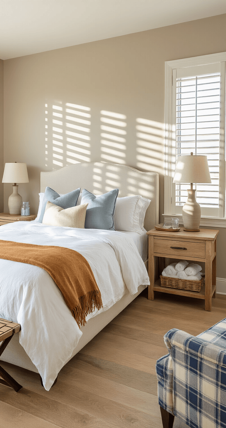 Warm caramel-toned guest bedroom featuring a queen bed with cream linen upholstery, white sheets, and throw pillows, wide-plank oak flooring, soft taupe walls, and striped sunlight patterns through plantation shutters, creating a calming and sophisticated atmosphere.