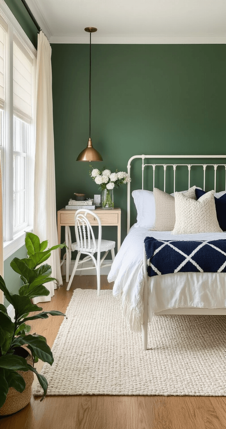 Guest bedroom with forest green accent wall, natural oak floors, white trim, and a white iron bed frame, featuring layered white bedding and navy geometric pillows. Morning light filters through matching drapes, with brass pendant lights, a wooden vanity desk, and a textured cream area rug, complemented by a potted fiddle leaf fig and fresh white flowers. Atmosphere is serene and balanced.