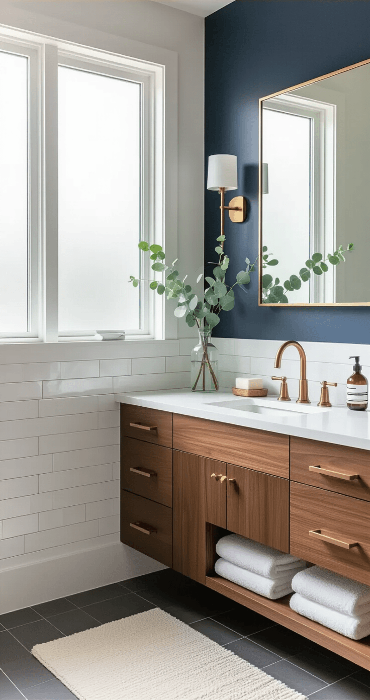 A modern bathroom with a deep navy accent wall and warm white subway tiles, featuring a floating walnut vanity, white quartz countertop, and frameless mirror, illuminated by soft morning light through frosted windows. The space includes charcoal gray porcelain floor tiles, a cream bath mat, and styled shelves with rolled towels, eucalyptus stems, and a brass soap dispenser.