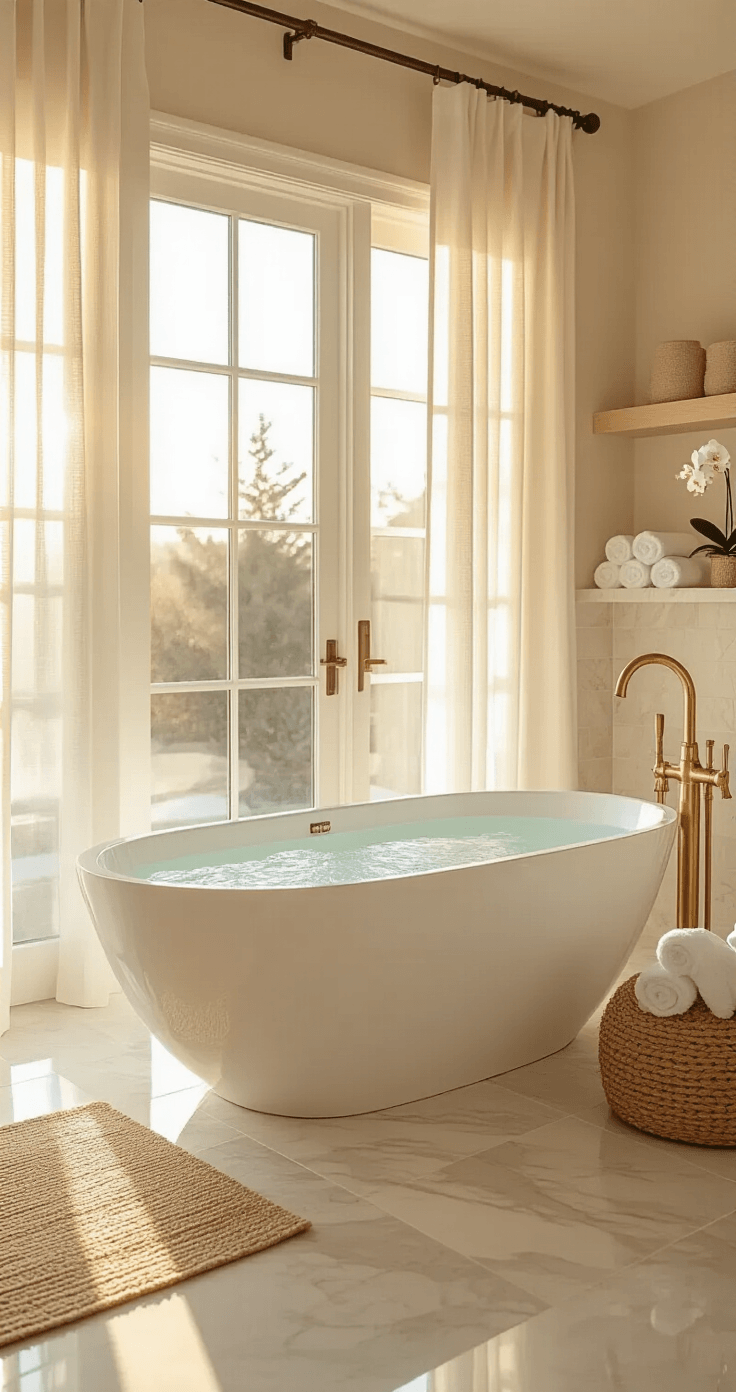 Luxurious spa-like bathroom with a freestanding white oval tub near large windows, featuring marble-look quartz surfaces, brass tub filler, and serene decor elements like rolled towels and a potted orchid. Soft, warm golden hour light enhances the tranquil ambiance.