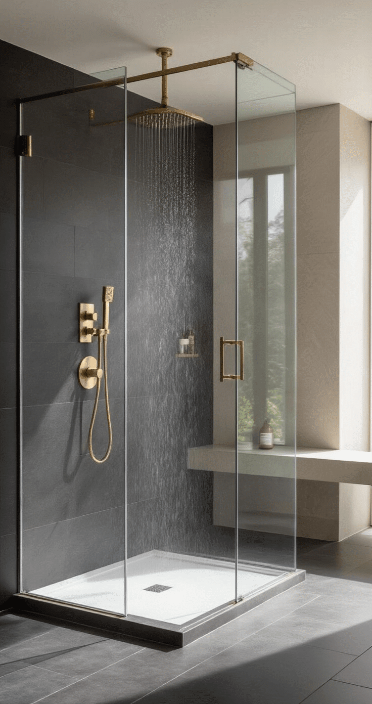 Contemporary frameless glass shower with brass fixtures and charcoal porcelain tiles, featuring steam and minimal toiletries, captured in bright daylight.