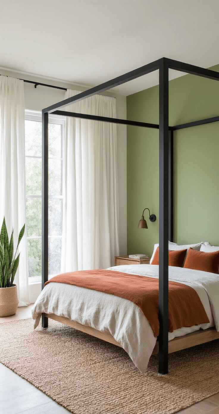 Modern minimalist bedroom featuring a black metal canopy bed against a sage green accent wall, with soft morning light streaming through floor-to-ceiling windows and flowing white curtains. The space includes organic cotton sheets, a warm beige duvet, terracotta velvet pillows, a jute area rug, reclaimed wood nightstands with LED lighting, and a snake plant in a ceramic planter, all contributing to a serene atmosphere.