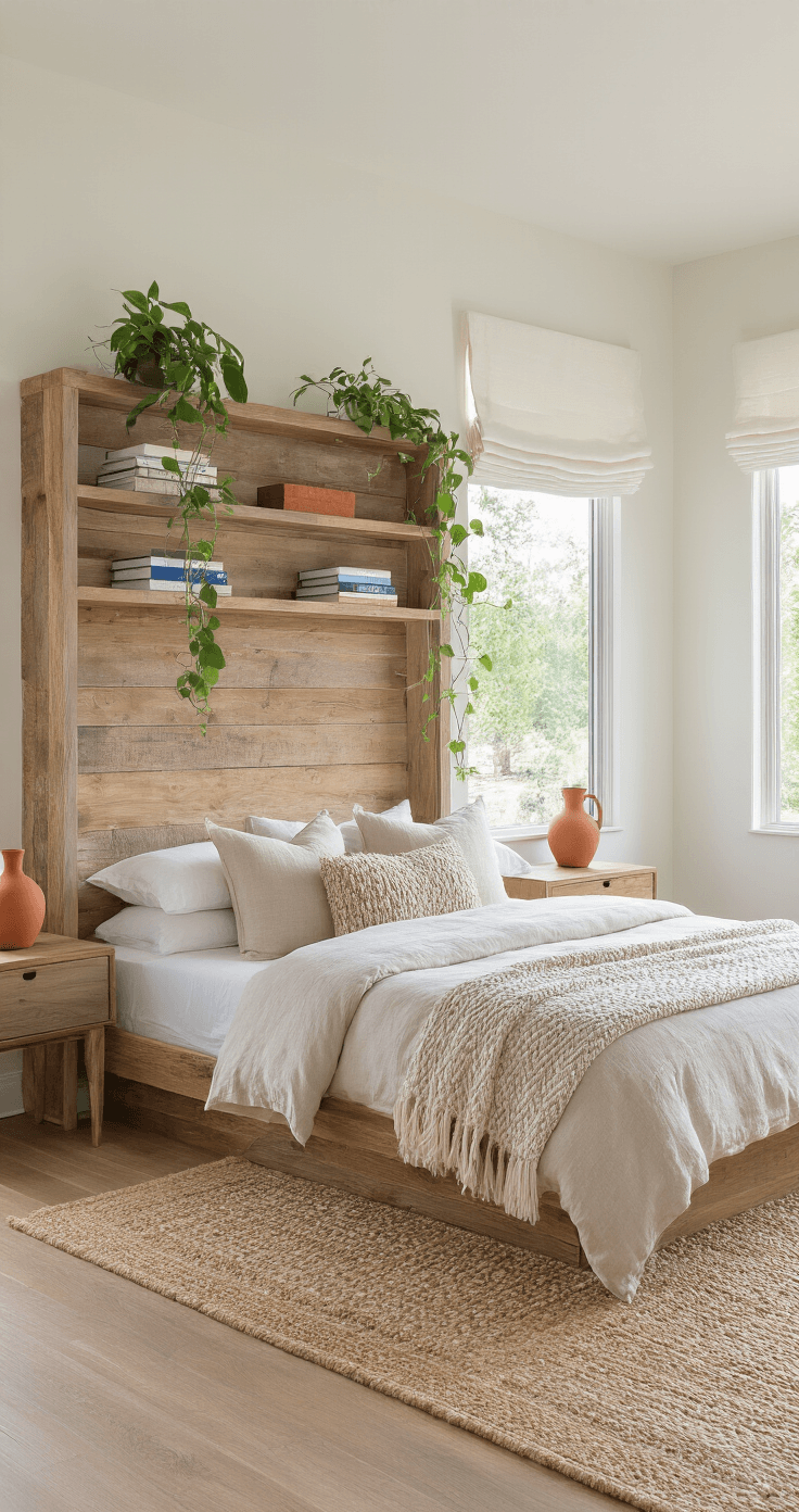 Bright contemporary bedroom with a reclaimed wood headboard featuring built-in shelving, illuminated by afternoon sunlight, showcasing a neutral color palette and organic textures.